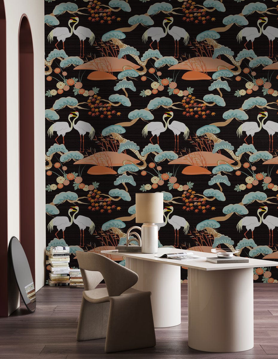 Vintage Japanese Crane wallpaper with black and orange mural, modern office setting, wooden flooring.