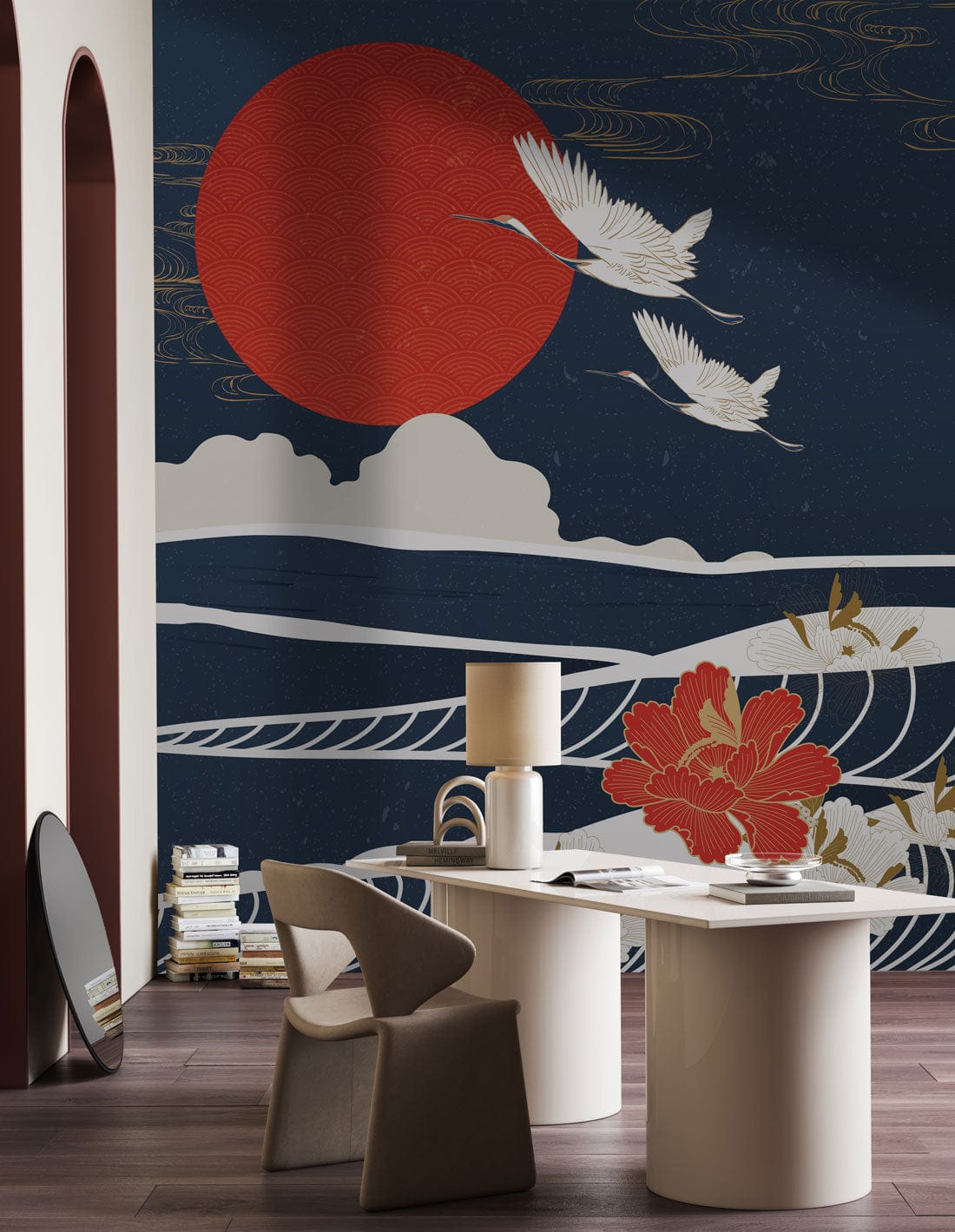 Japanese Crane Mural Wallpaper features red sun, floral waves design, modern desk, chair. Elegant room.