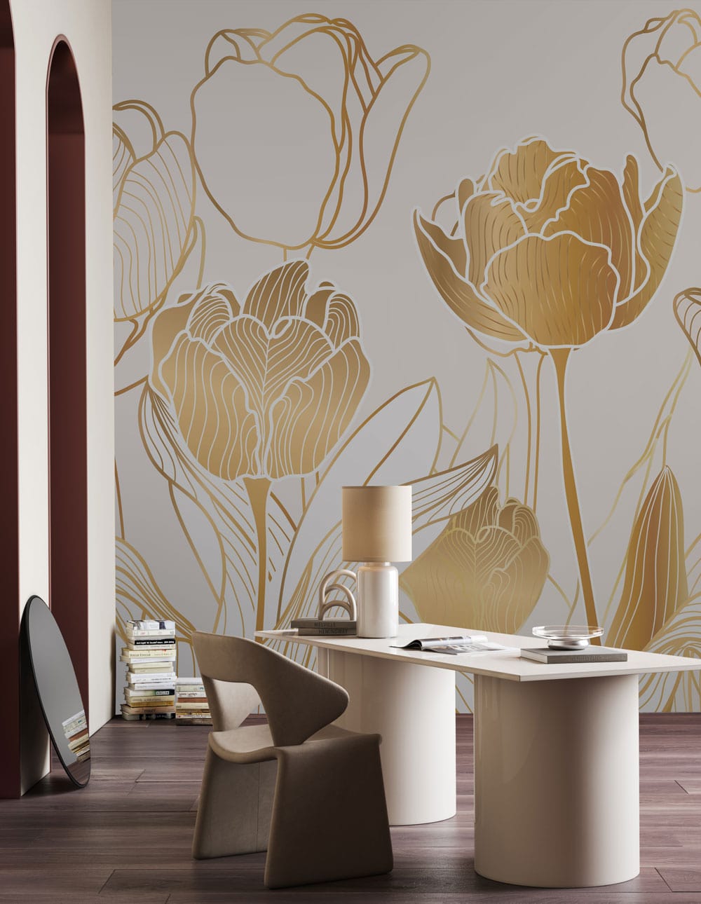 Elegant Gold Tulip Floral Mural Wallpaper in modern office with white desk and dark wooden flooring.