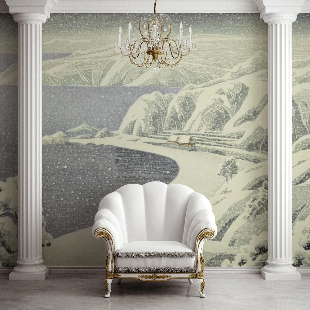 Elegant Japanese mural wallpaper, grey-white winter coastline, classic armchair, chandelier, ornate columns, elegant room.