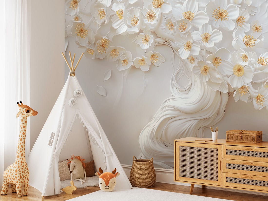 Elegant white floral 3D mural wallpaper in children's room, natural wooden cabinet, white teepee tent.