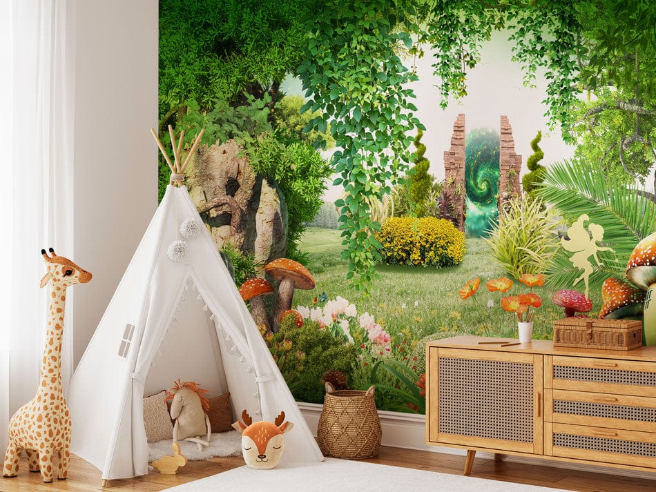 Enchanted Forest Mural Wallpaper, children's room, white teepee tent, wooden cabinet, plush giraffe.