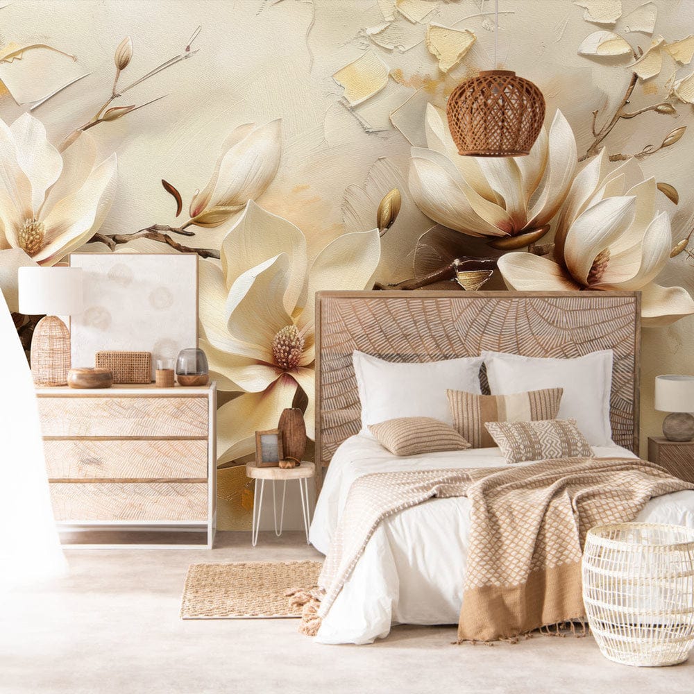 Elegant Magnolia Blossom mural wallpaper in cream tones, rustic bed, beige bedding, light wood furniture.