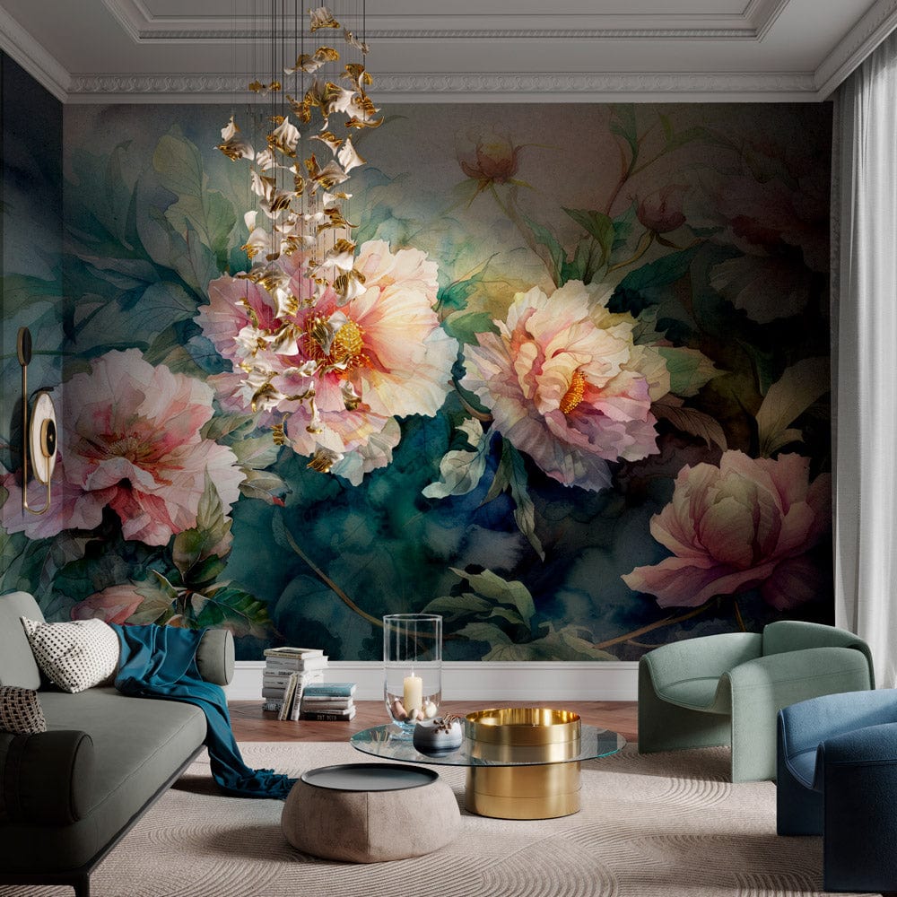 Elegant pastel floral mural wallpaper highlighting soft pink hues in living room with modern furniture.