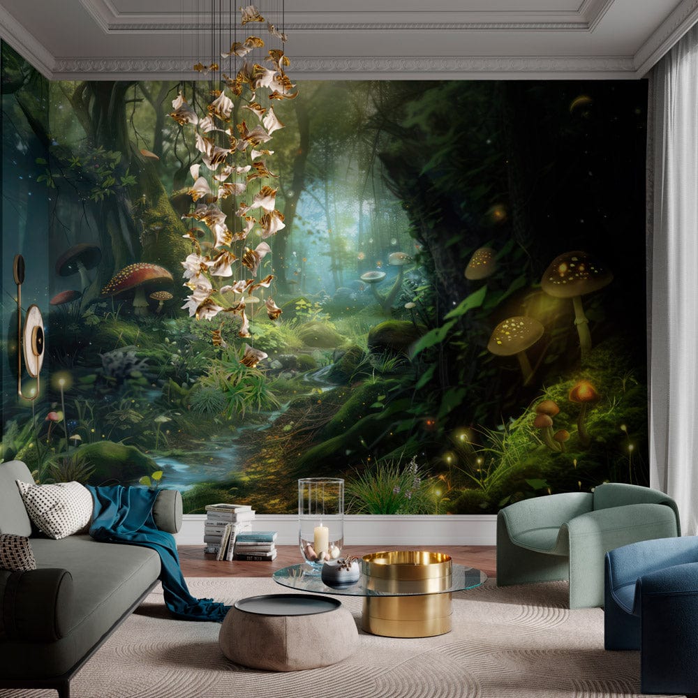 Enchanted Forest Mural Wallpaper with Mystical Mushrooms, lush greens, modern lounge decor, vibrant chandelier lighting.