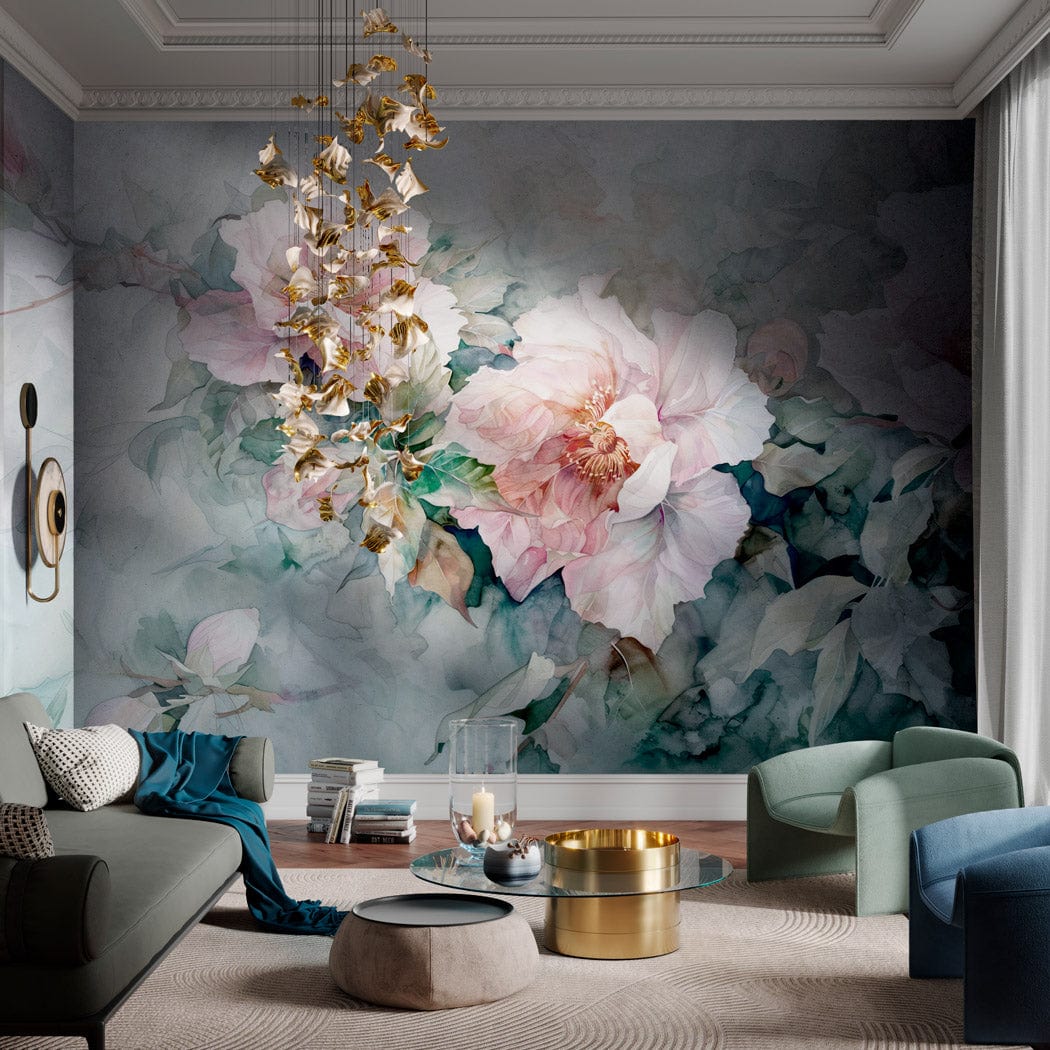 Elegant pastel floral mural wallpaper complements modern living room with teal sofa, chic chandelier, grey carpet.