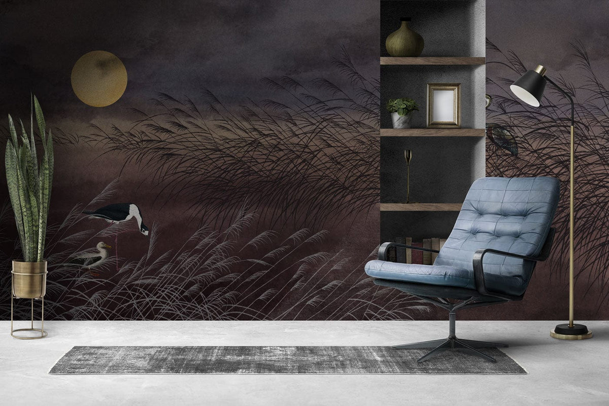 Tranquil Moonlit Heron Scene Mural Wallpaper with blue modern chair, grey shelves, and sleek floor lamp.