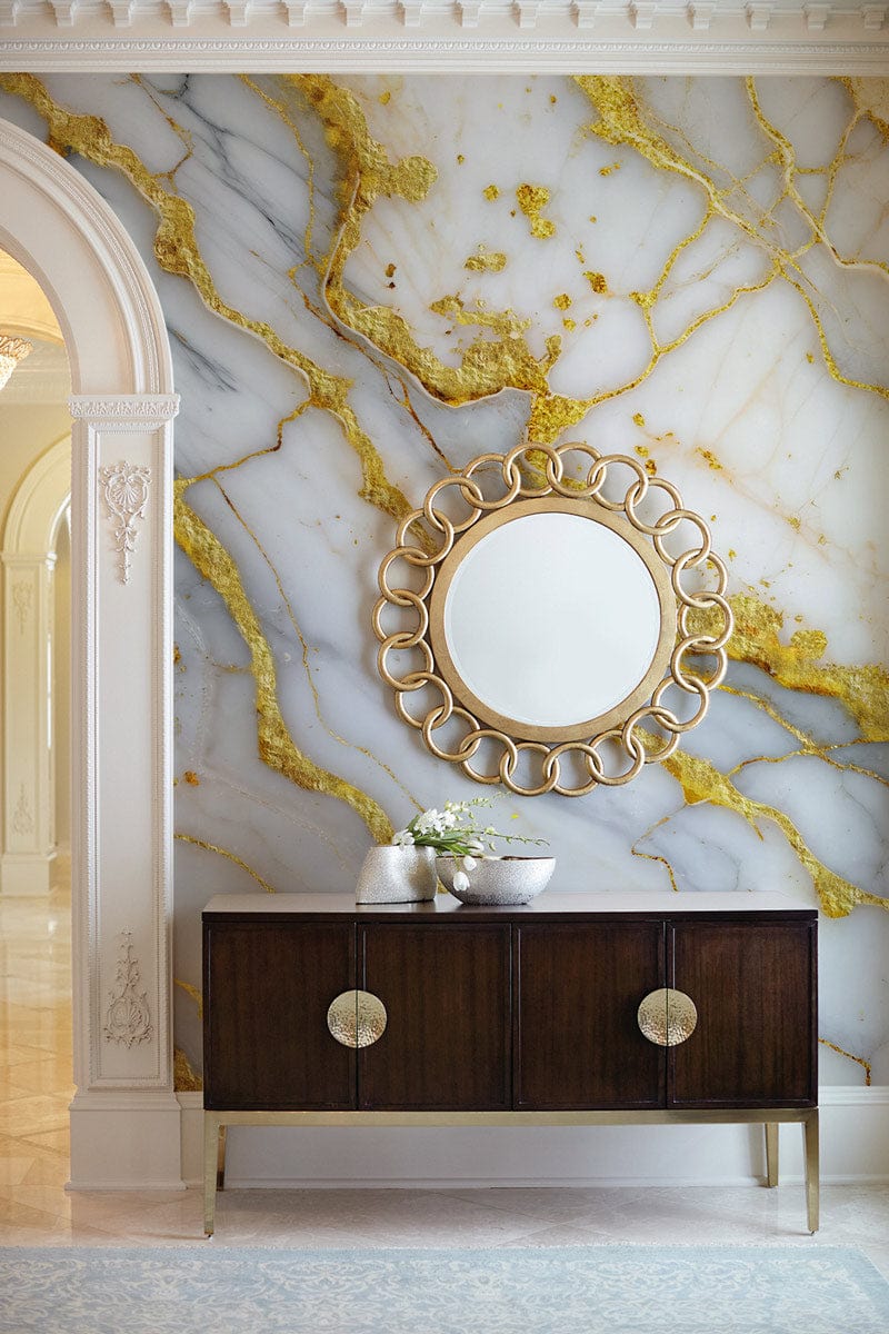 Luxurious Gold Veined Marble Wallpaper with elegant gold mirror, dark wood console, classic hallway decor.