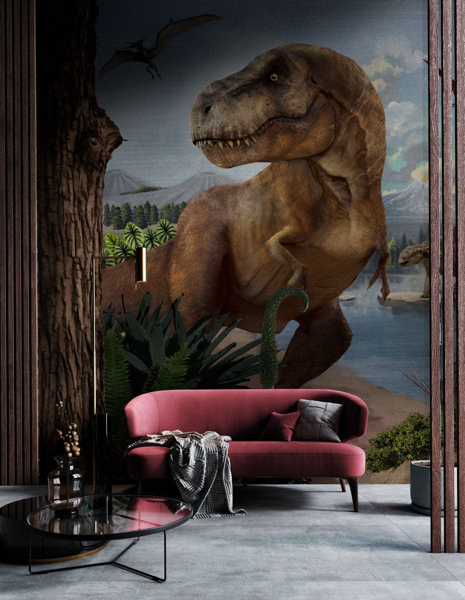 Prehistoric dinosaurs mural wallpaper features colourful Jurassic scene, pink modern sofa, concrete flooring.