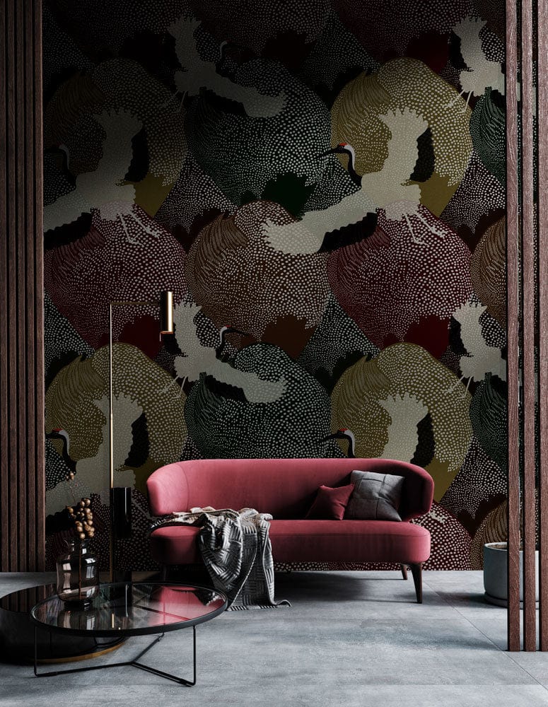 Elegant Crane Pattern Wallpaper with stylish red sofa, concrete flooring, and modern floor lamp in living room.