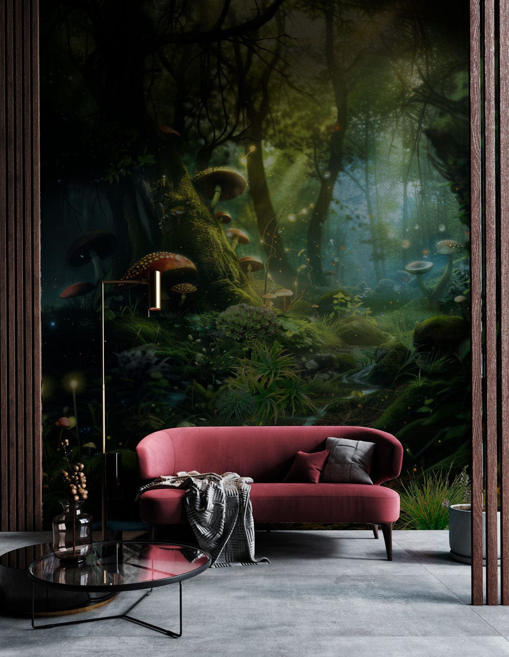 Enchanted Forest wallpaper with mystical mushrooms, modern pink sofa, chic grey flooring, cosy living room.