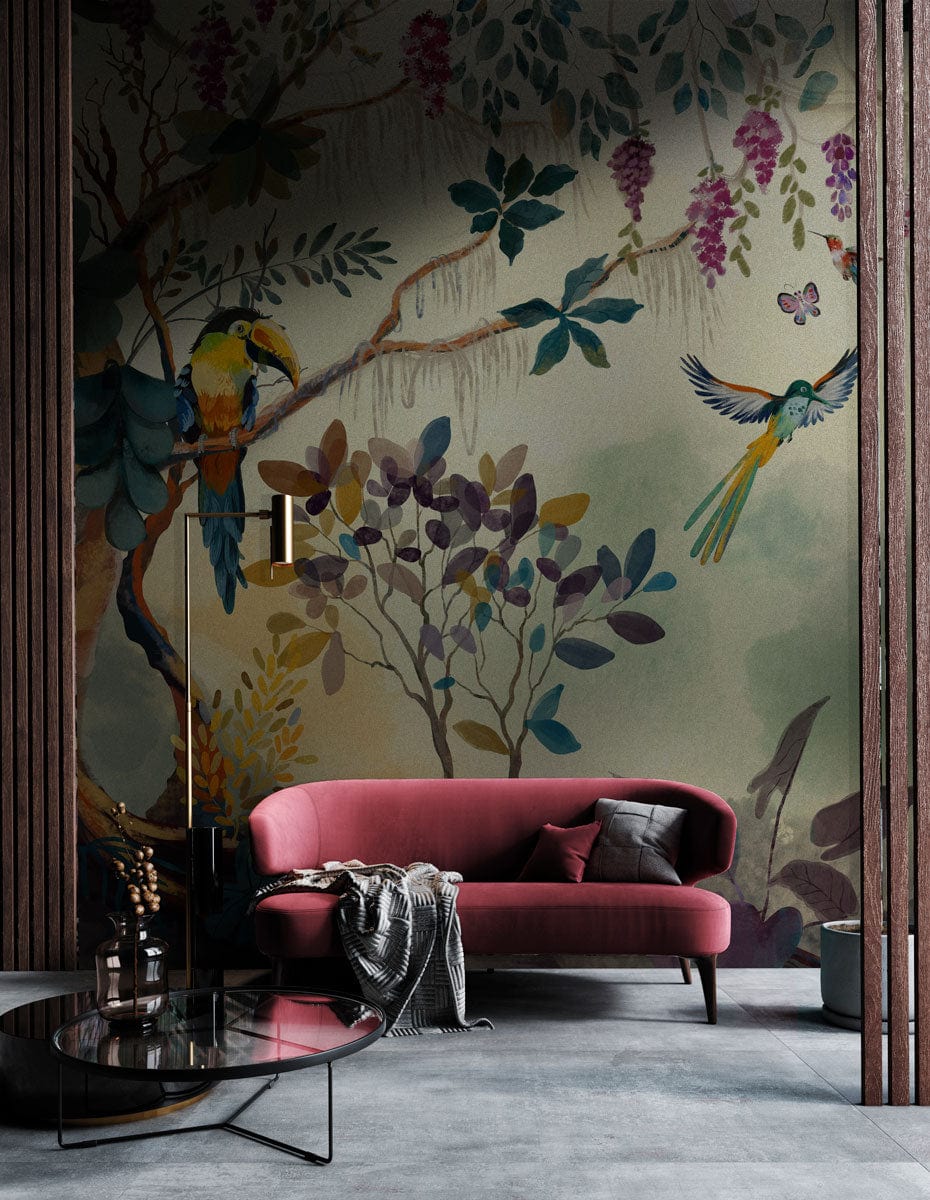 Tropical Paradise Jungle Mural Wallpaper, exotic birds, pink sofa, concrete flooring, modern living room.