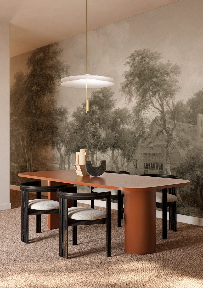 Rustic Sepia Woodland Landscape Wallpaper, dining room, modern table, black chairs, serene decor mural.