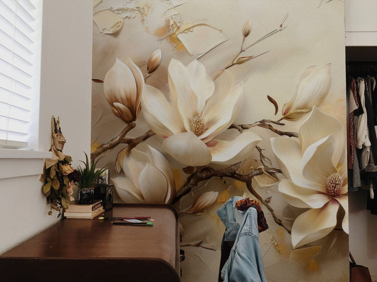 Elegant Magnolia Blossom Mural Wallpaper enhances room with wooden desk and soft cream tones.