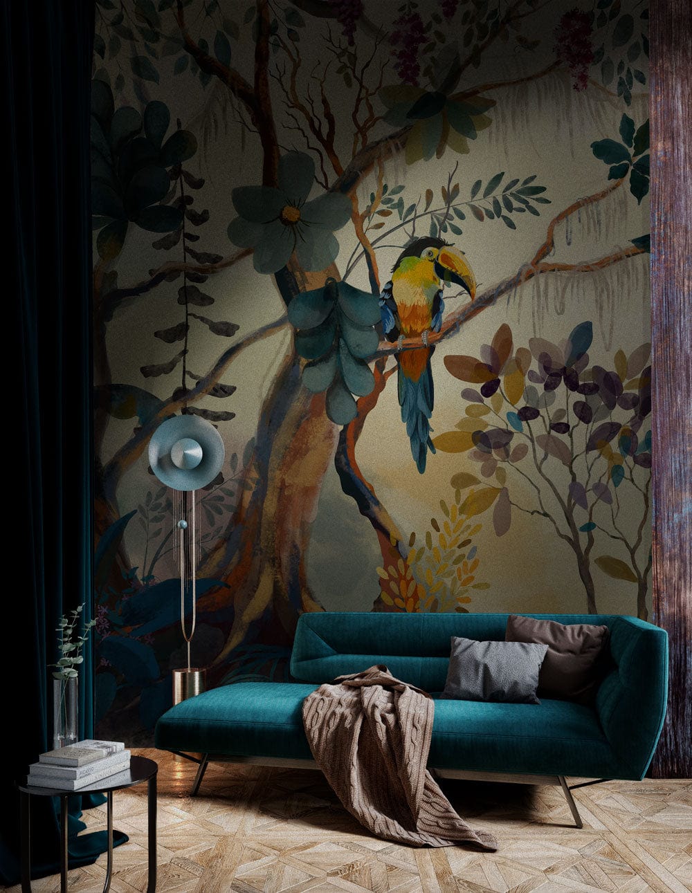 Tropical mural wallpaper with exotic birds, teal sofa, parquet flooring, floor lamp, dark curtains.