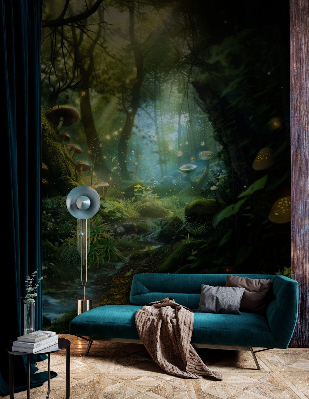 Enchanted Forest Wonderland Wallpaper with mystical mushrooms, teal sofa, wooden flooring, sleek floor lamp.