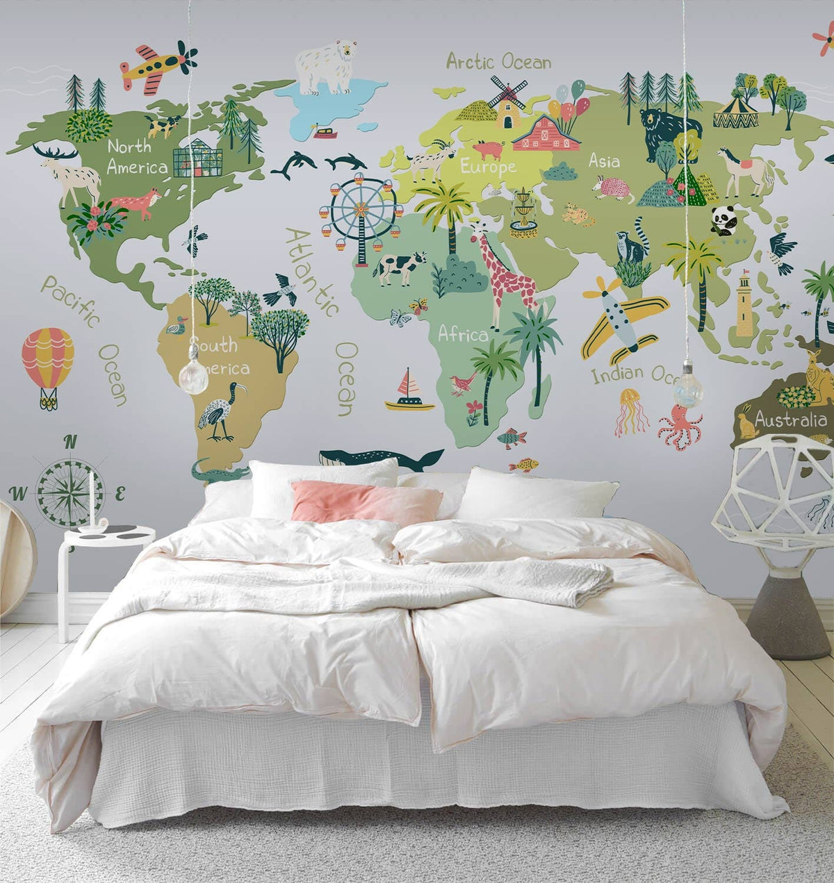 Colourful world map kids wallpaper, educational design, bedroom with white bed, grey flooring, playful decor.