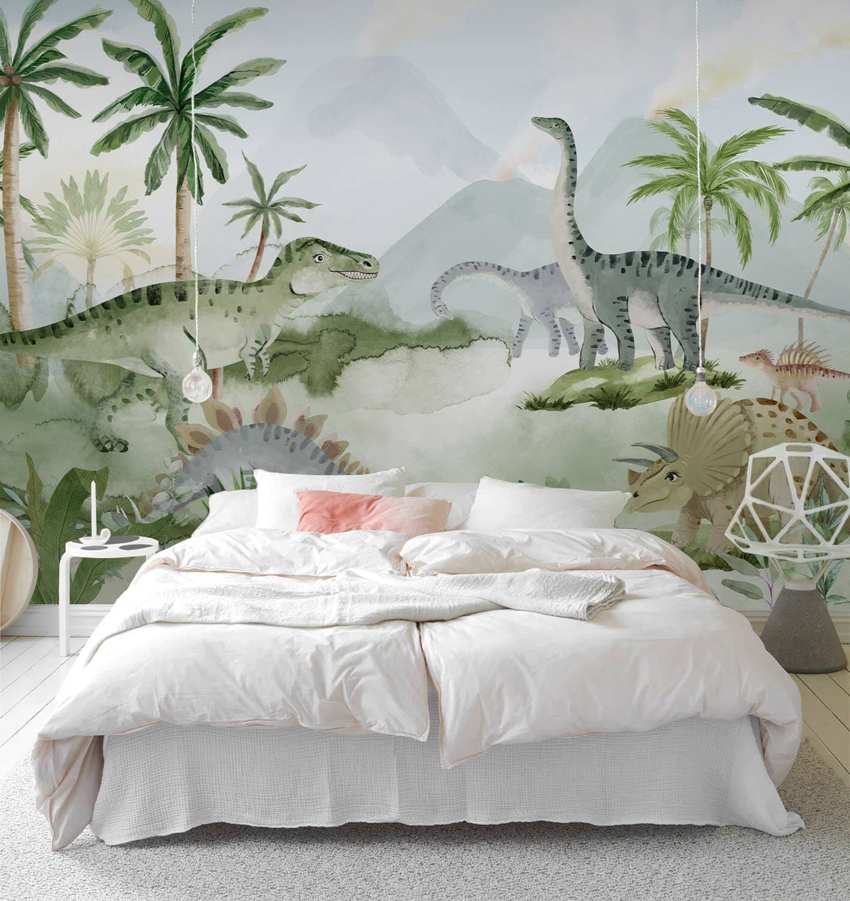 Jungle Dinosaur Adventure Mural Wallpaper with green dinosaurs, white bedding, hardwood flooring in kids' room.