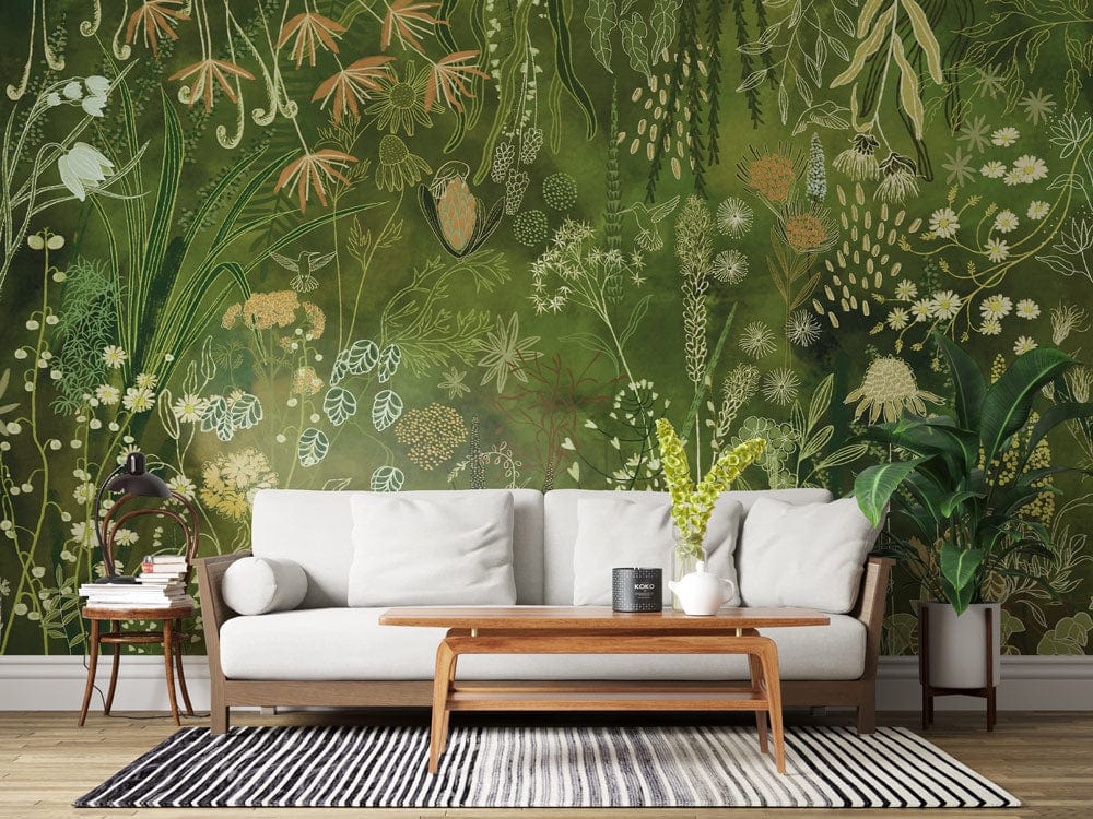 Luxurious botanical mural wallpaper, elegant white sofa, striped rug, wooden coffee table in stylish interior.