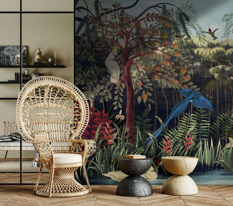 Elegant Jungle Dream Mural Wallpaper in tropical design with rattan chair, parquet flooring, and shelving.