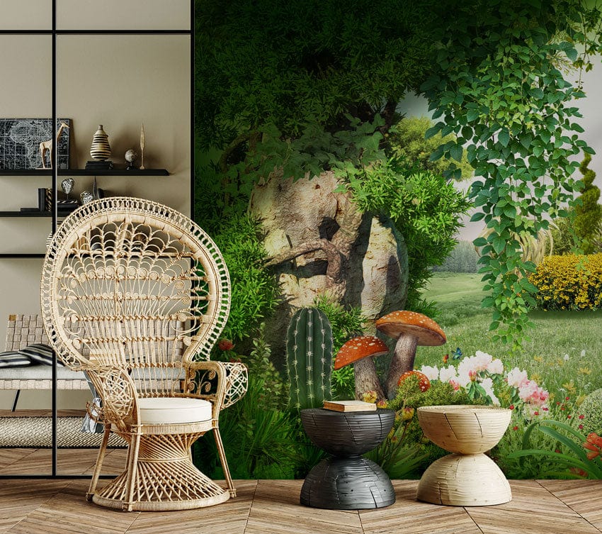 Enchanted Forest Mural Wallpaper in living room with rattan chair, black shelf, wooden flooring.