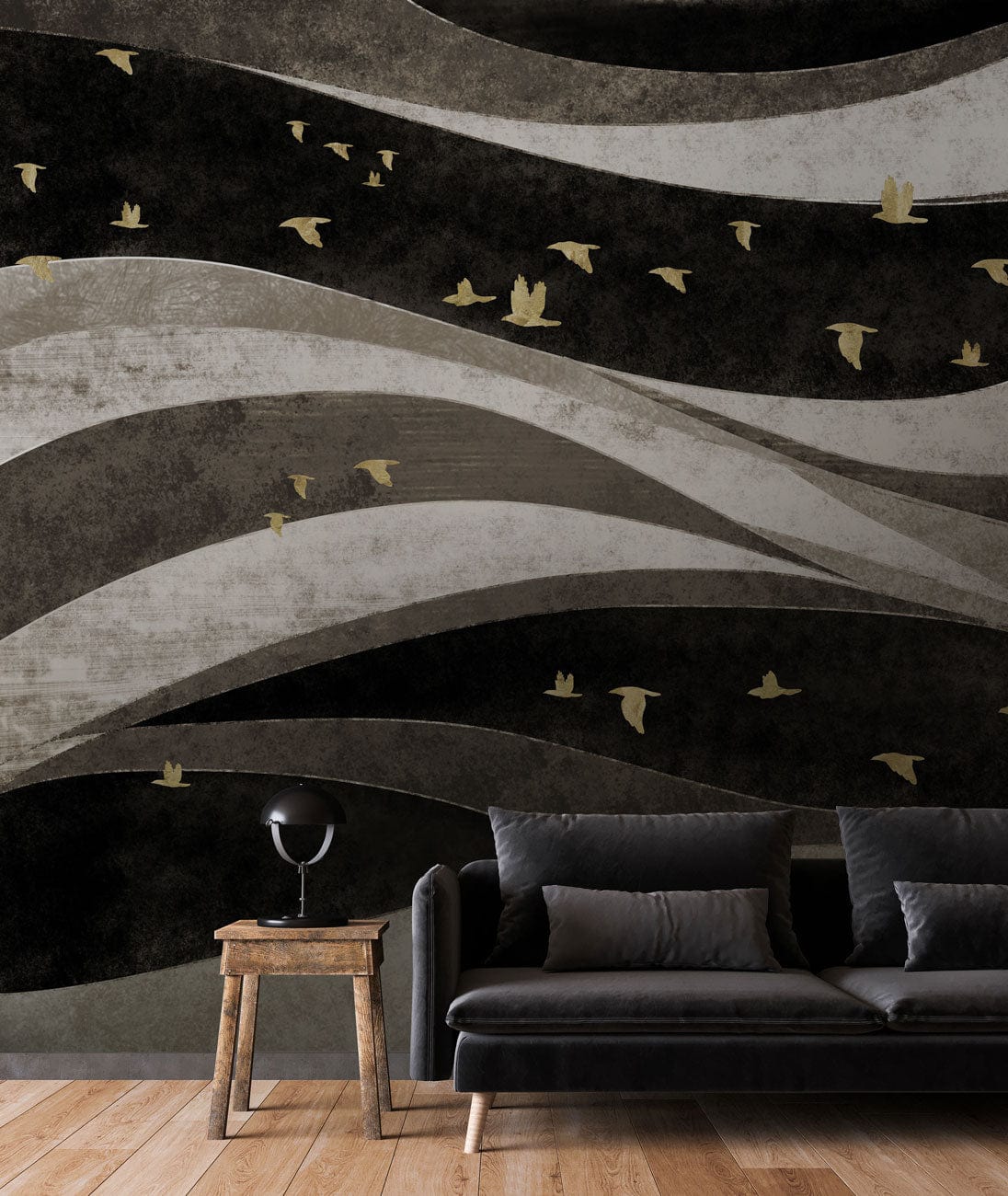 Abstract waves and birds mural wallpaper with gold accents, contemporary sofa, wooden flooring, modern lamp.