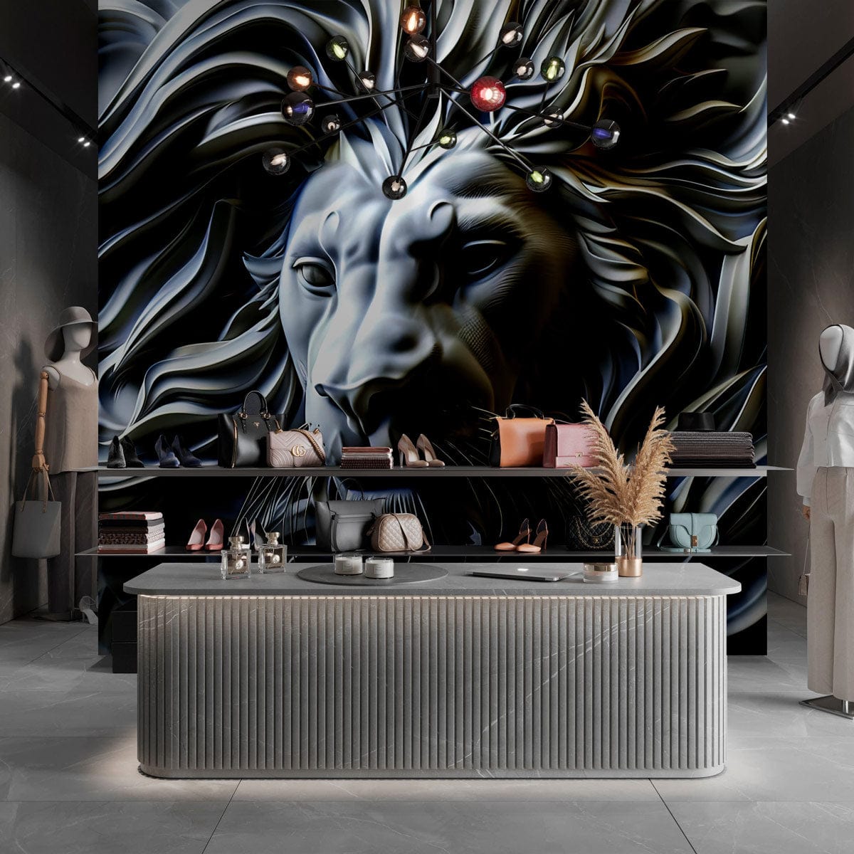 Majestic Grey Lion Mural Wallpaper in modern showroom with sleek display, mannequin, and unique lighting.