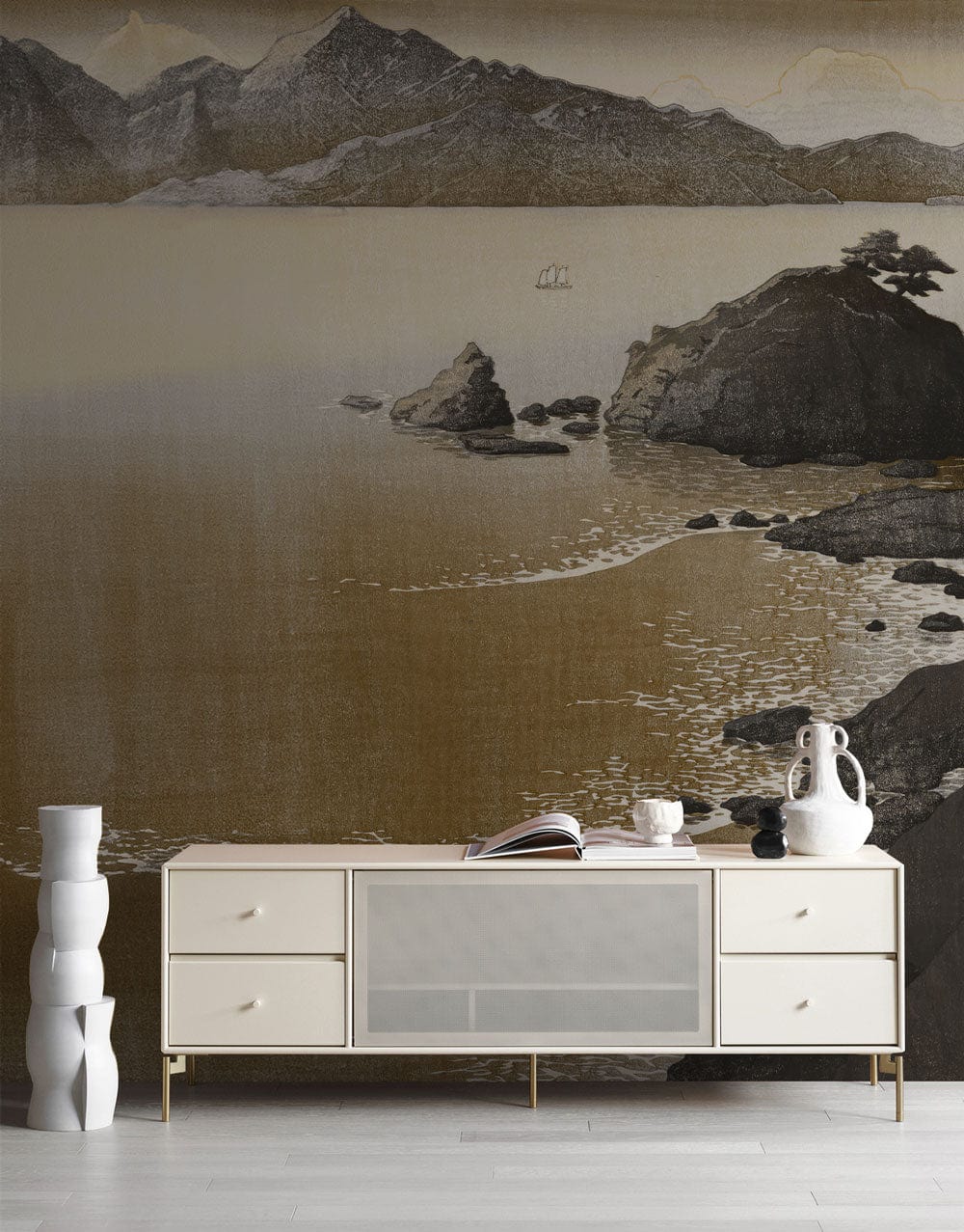 Elegant lounge with Serene Sepia Mountain Landscape Wall Mural, minimalistic white sideboard, light wood floor.