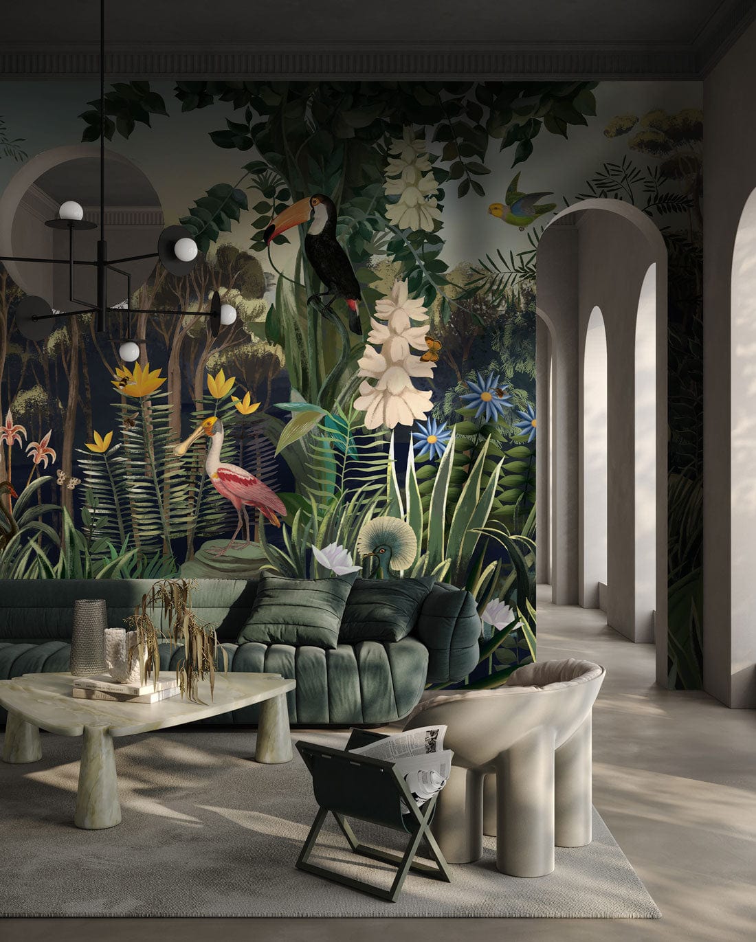 Elegant Jungle Dream Mural Wallpaper in living room with green sofa, light flooring, modern chandelier.