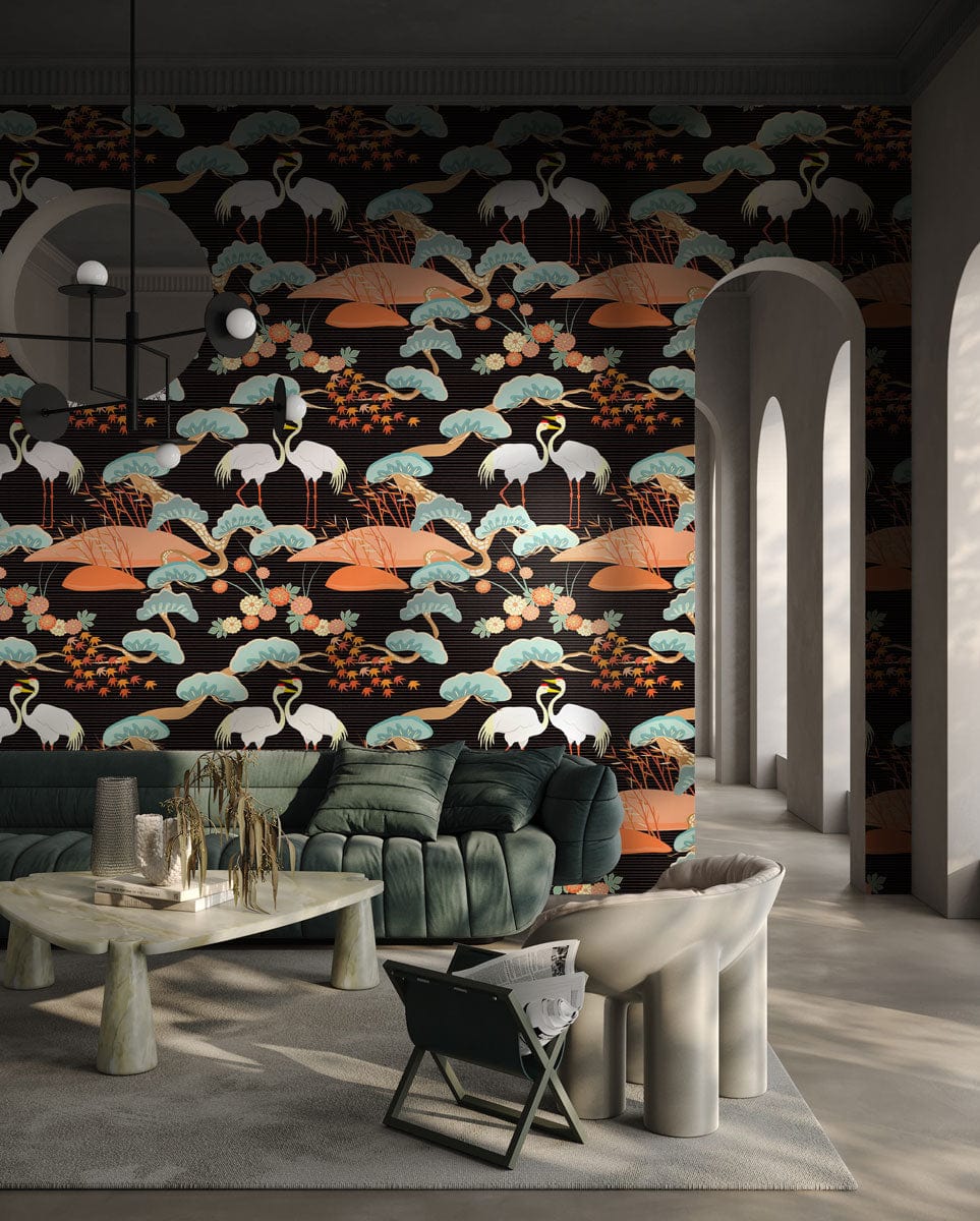 Vintage Japanese crane mural wallpaper in lounge; dark green sofa, neutral flooring, arched doorways.
