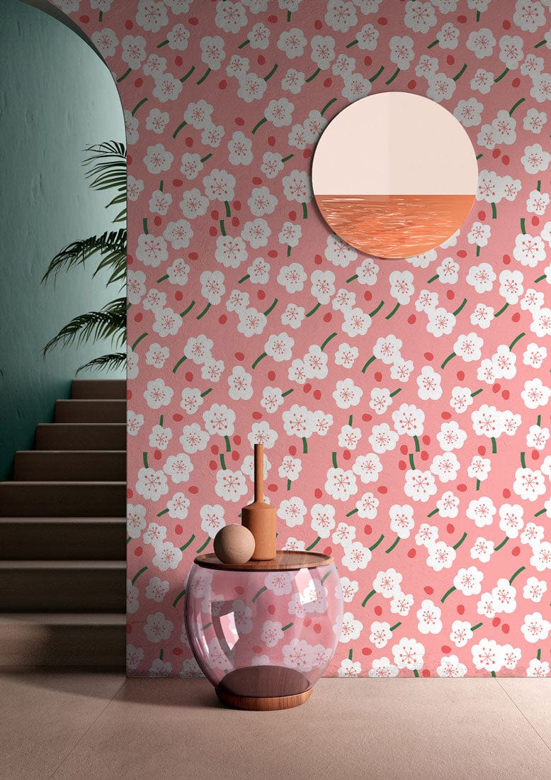 Romantic pink floral wallpaper with elegant blossom pattern, green wall, stylish mirror, chic stairway setting.