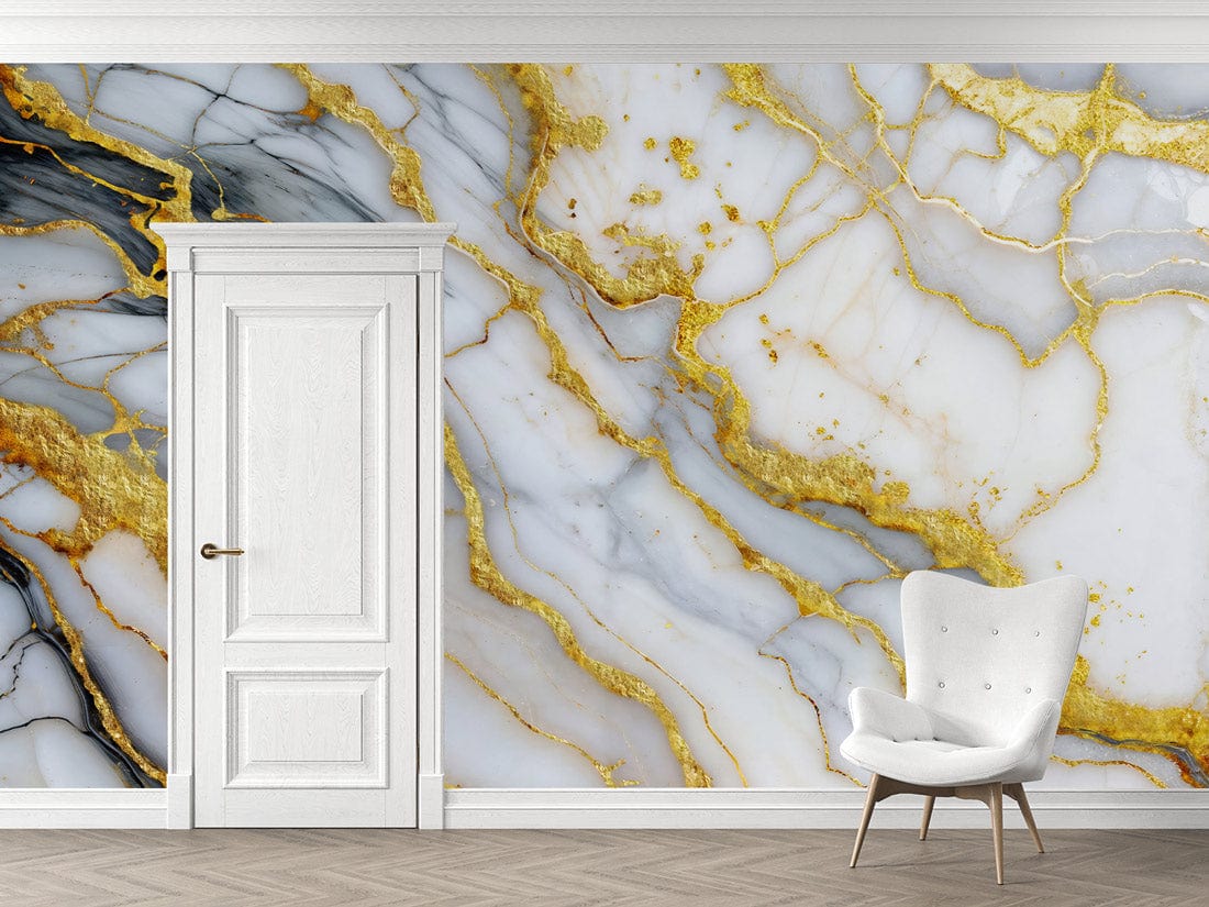Luxurious gold-veined marble wallpaper, elegant design with white door and modern grey chair.