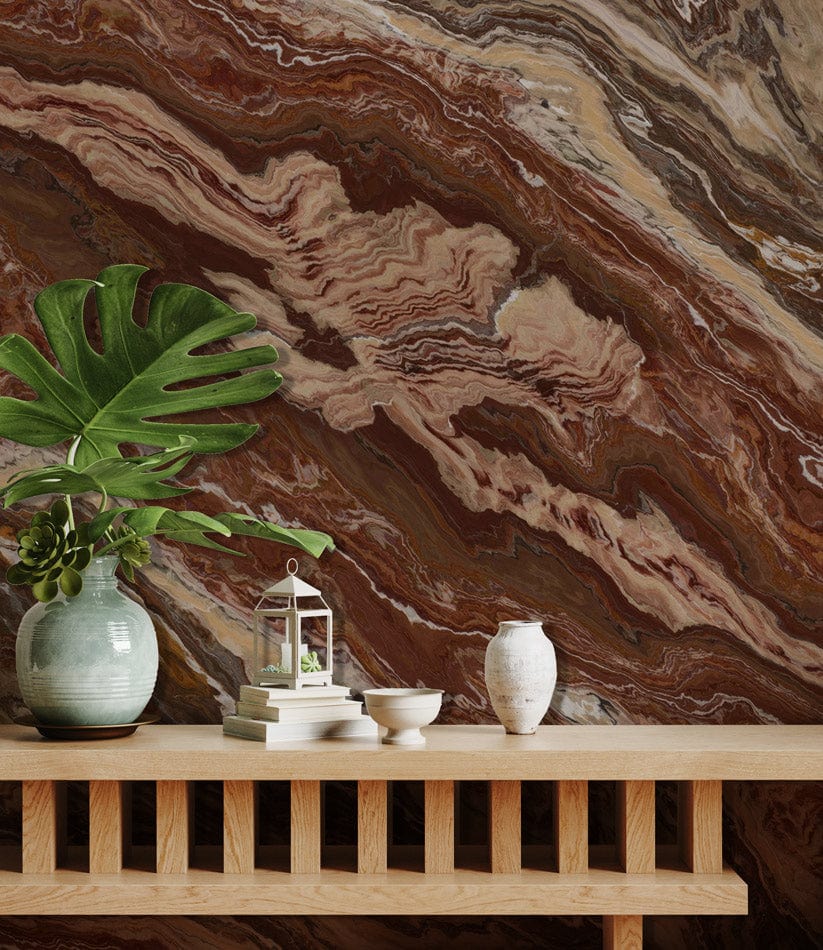 Rustic Earth Marble Effect Wallpaper with neutral swirl design, brown pattern. Wooden console table featured.