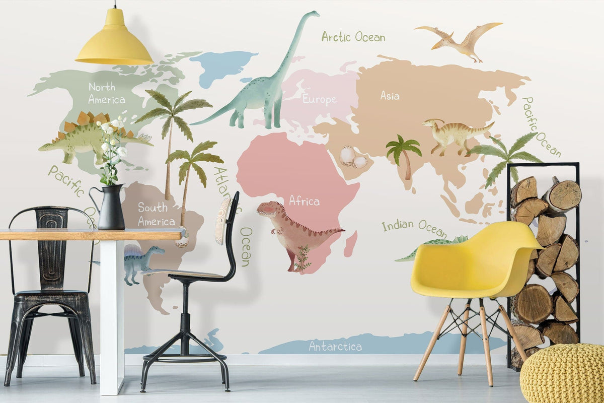 Colourful dinosaur world map mural in children's room with modern chairs, light wood flooring, and decor.