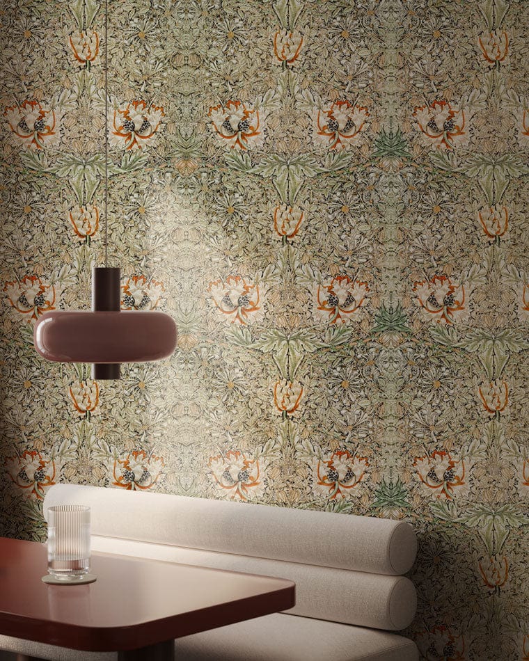 Vintage Floral Elegance wallpaper, Victorian style with green and gold, beige sofa, burgundy pendant lamp.