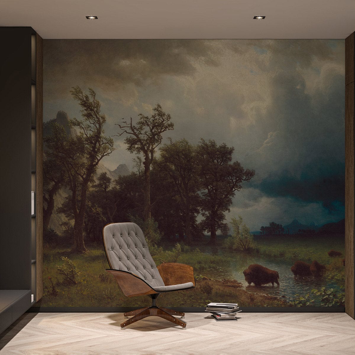 Majestic mural wallpaper with green, blue tones; grey modern chair; herringbone wood flooring; elegant room.