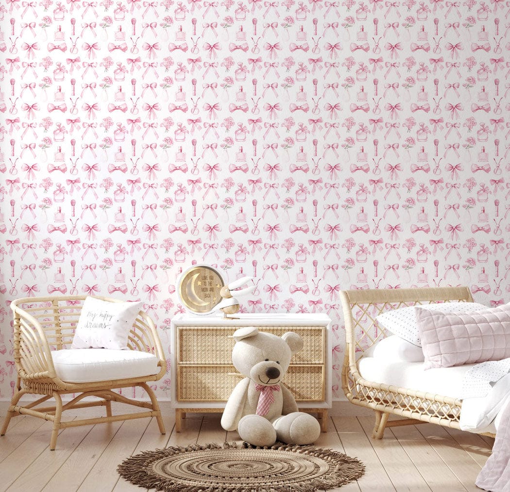 Elegant pink floral patterned mural wallpaper, pastel design, wicker furniture, nursery decor, light wood flooring.