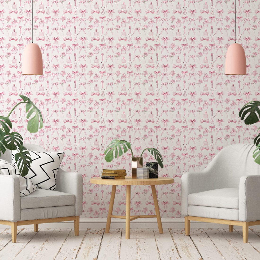 Elegant pink floral mural wallpaper in living room, pastel design, white armchairs, wooden flooring.