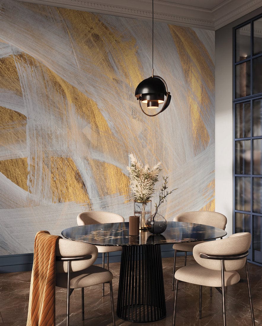 Elegant gold-white abstract mural with modern dining chairs, glass table, and pendant light in dining room.