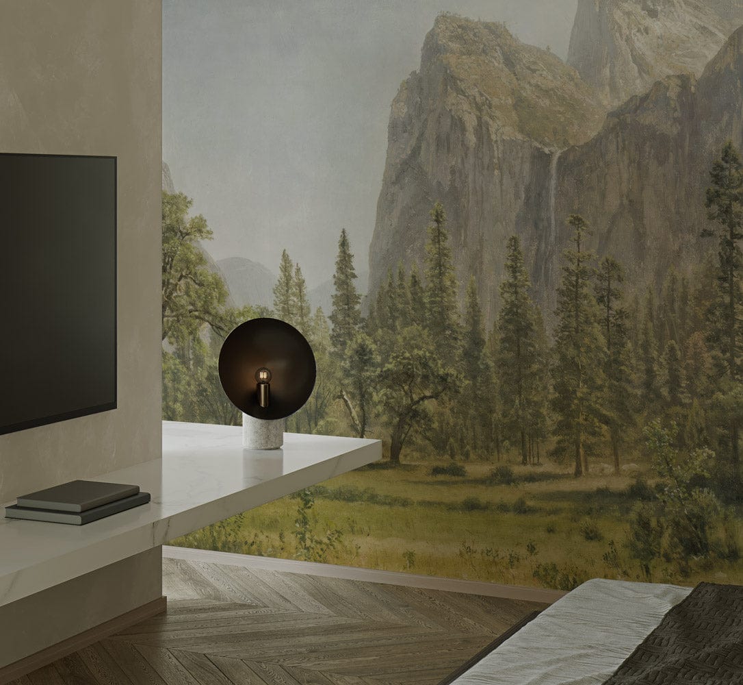 Majestic Mountain Landscape Mural Wallpaper with lamp and TV in modern living room, wood flooring.