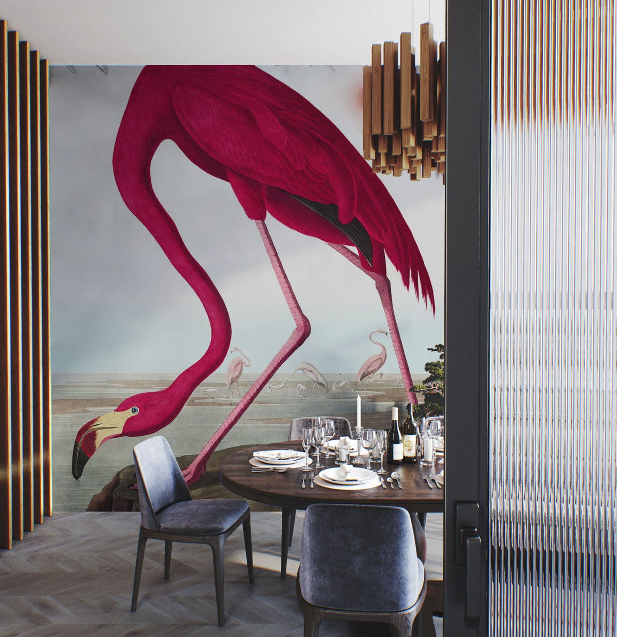 Elegant pink flamingo mural wallpaper in dining room with wooden accents, velvet chairs, and oak flooring.