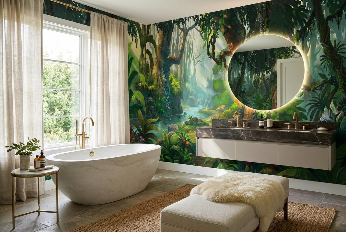Colourful Tropical River Green Jungle Wallpaper Mural in floral