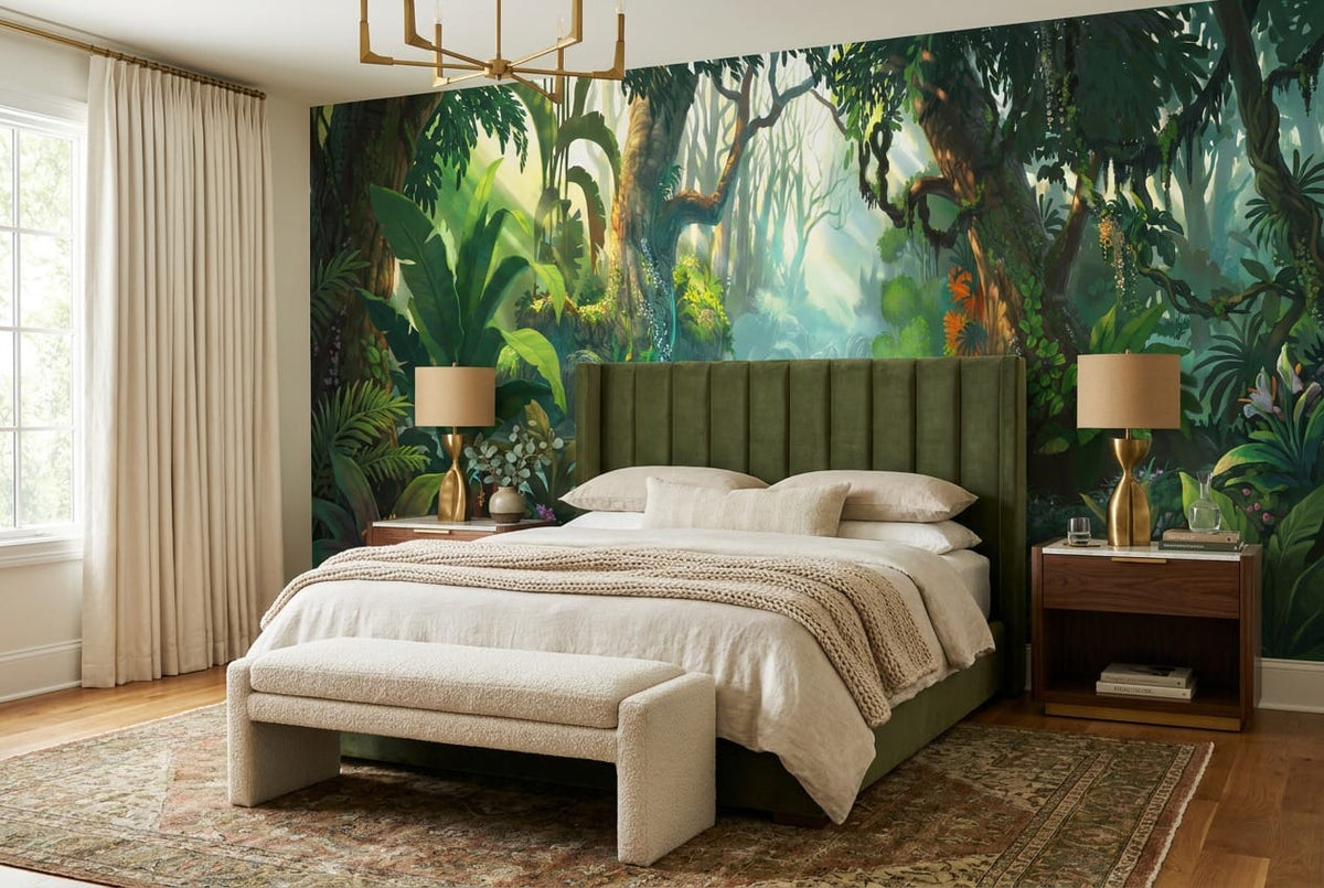 Colourful Tropical River Green Jungle Wallpaper Mural in floral
