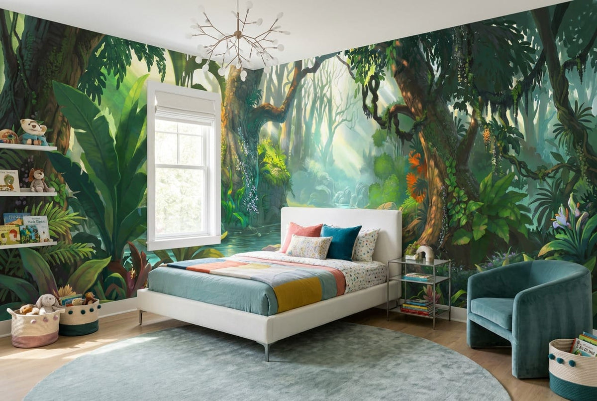 Colourful Tropical River Green Jungle Wallpaper Mural in floral