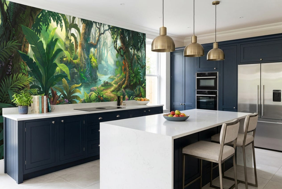 Colourful Tropical River Green Jungle Wallpaper Mural in floral