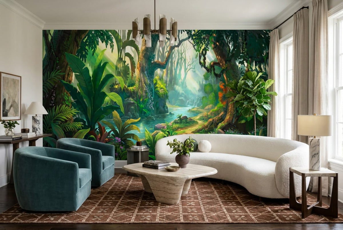 Colourful Tropical River Green Jungle Wallpaper Mural in floral