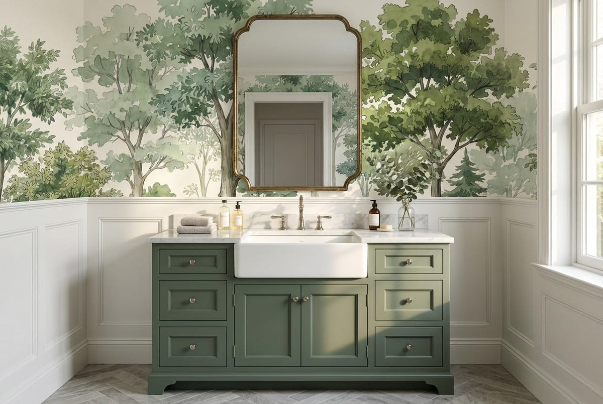 Soft Green Watercolor Nordic Forest Green Wallpaper Mural scene image