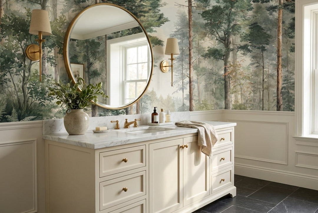 Sage Green Watercolor Nordic Forest Green Wallpaper Mural scene image