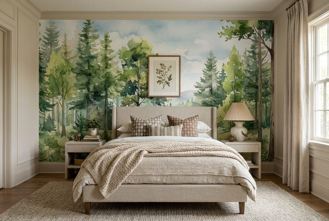 Fresh Green Watercolor Nordic Forest Green Wallpaper Mural scene image