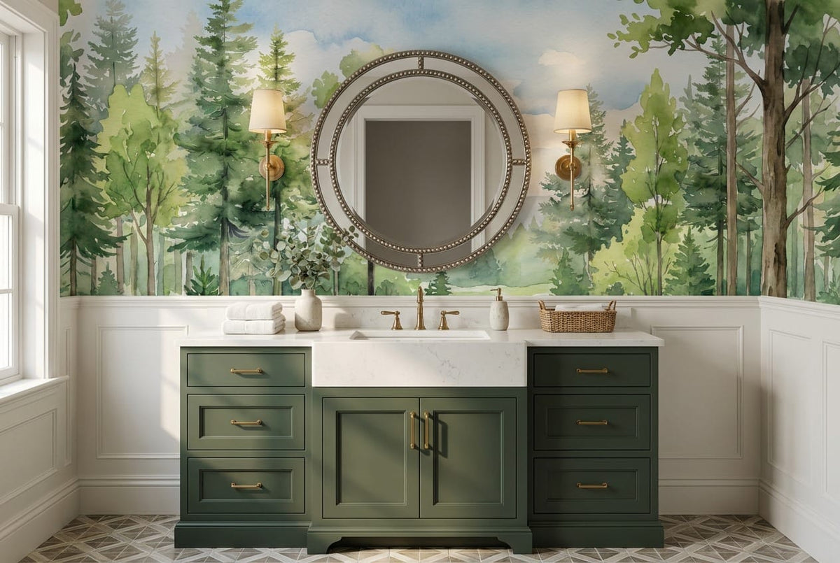 Fresh Green Watercolor Nordic Forest Green Wallpaper Mural scene image